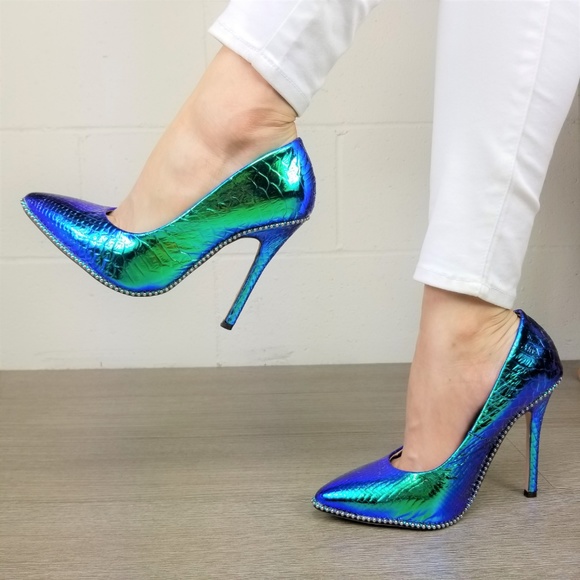 Mermaid Blue Green High Heel Pumps With Studs -Y - Picture 6 of 8